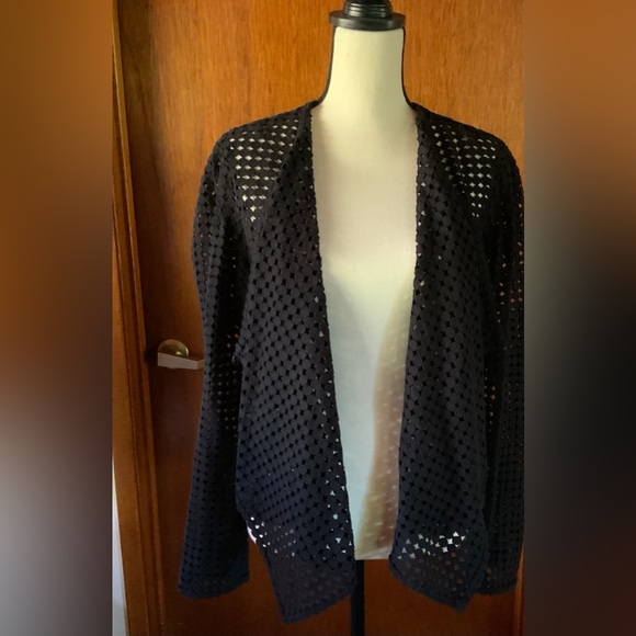 $298 ELIE TAHARI M Black Harla Perforated Cascade Jacket Sheer Spring Open Knit - Picture 5 of 14